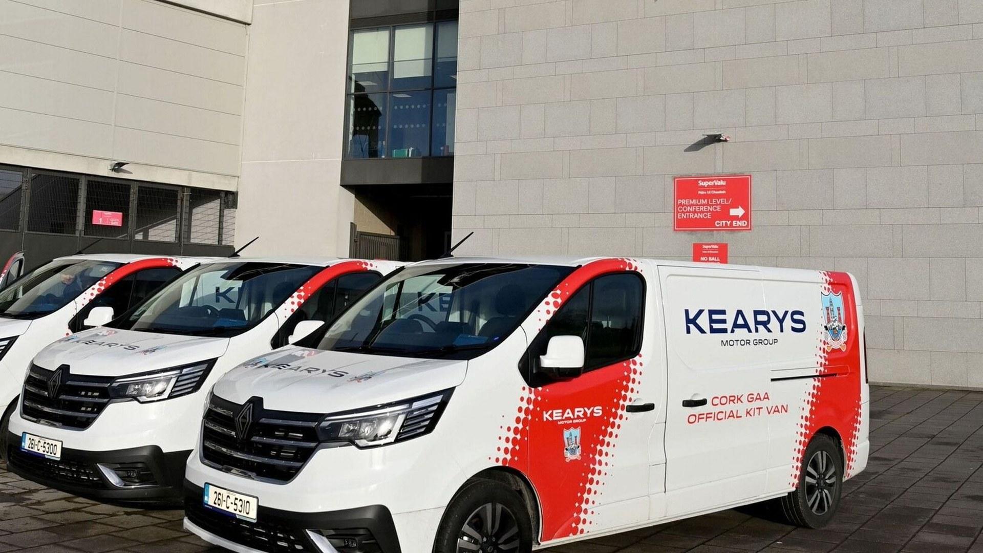 Three Kearys-branded Renault Trafic kit vans at Páirc Uí Chaoimh, Cork